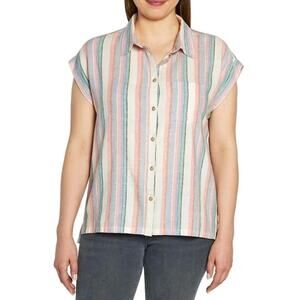 Orvis linen blend vertical stripe camp shirt M